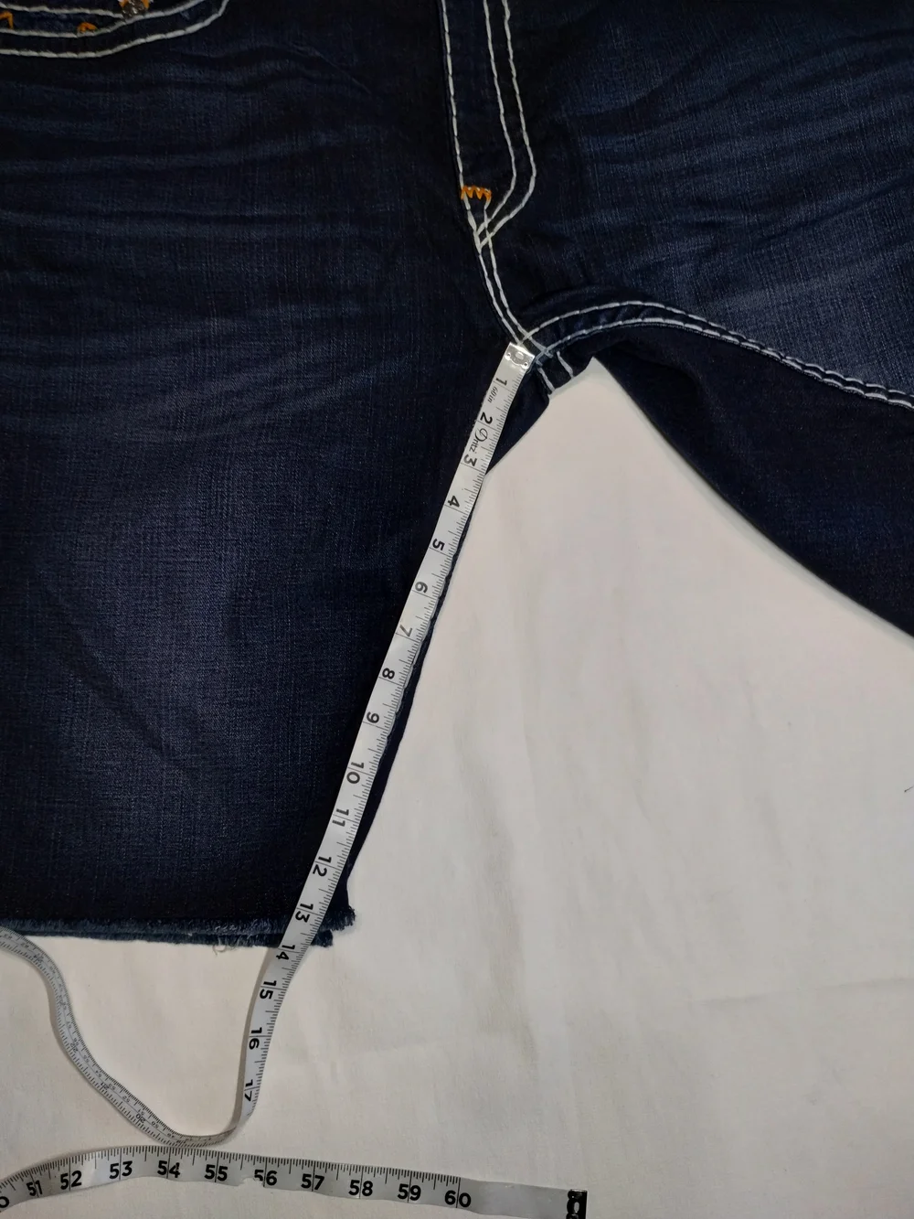True Religion Dark Blue Denim Cutoff Shorts with Contrast Stitching